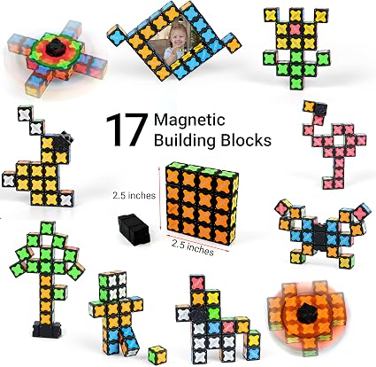TOSY Magnet Fidget Spinner Glow - 16 blocks, 3 in 1 Toy: Transformable Fidget Spinner, Infinity Cube, 2x2 Puzzle Cube, Glow, Stress Relief, STEM Magnet Tiles Birthday Gift for Kids/Boys/Girls/Adults