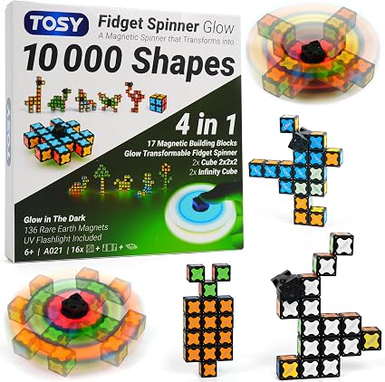 TOSY Magnet Fidget Spinner Glow - 16 blocks, 3 in 1 Toy: Transformable Fidget Spinner, Infinity Cube, 2x2 Puzzle Cube, Glow, Stress Relief, STEM Magnet Tiles Birthday Gift for Kids/Boys/Girls/Adults