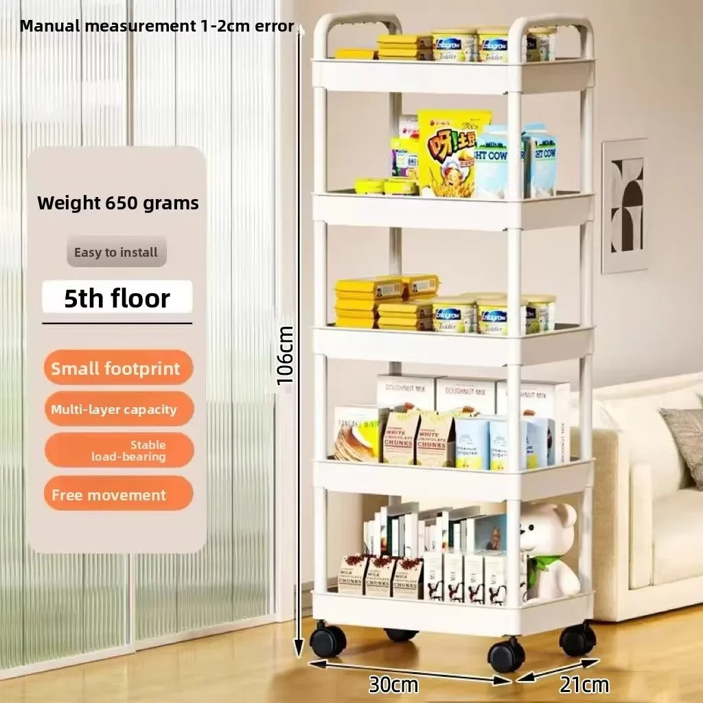 5-Tier Rolling Storage Cart 360° Swivel Wheels, Plastic Movable Trolley Organizer for Kitchen Bathroom Bedroom Home Storage Rack