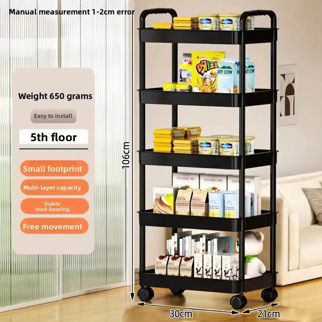 5-Tier Rolling Storage Cart 360° Swivel Wheels, Plastic Movable Trolley Organizer for Kitchen Bathroom Bedroom Home Storage Rack